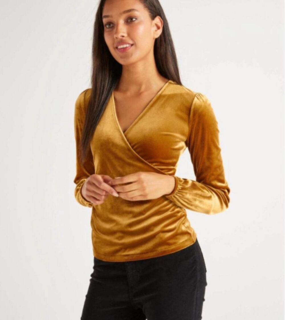 Boden Ellie Velvet Wrap Blouse Top Long Puff Sleeve Surplice Neck Gold 4 Holiday